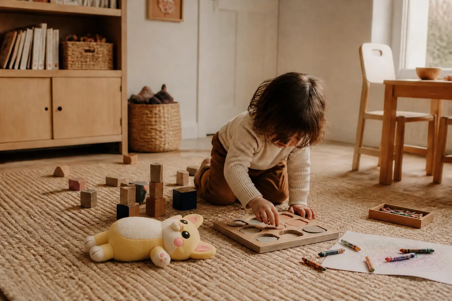 A sunlit living room floor with wooden toys, blocks and crayons spread out.
